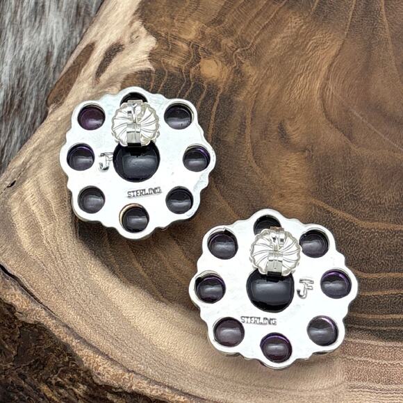 FEDERICO JIMENEZ Sterling Silver & Amethyst Round Floral Cluster Post Earrings - Picture 2 of 3